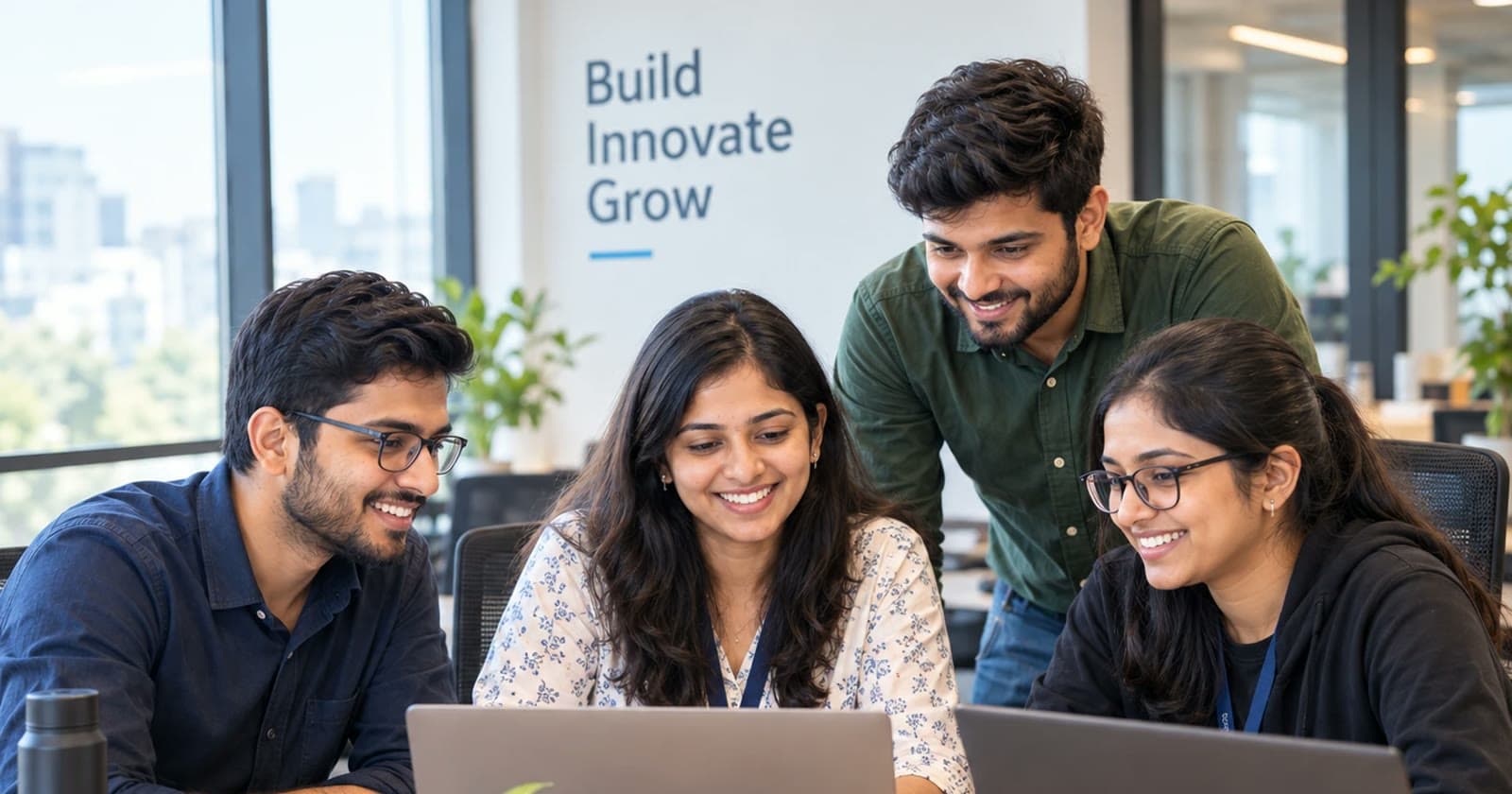 Software developers collaborating around laptops
