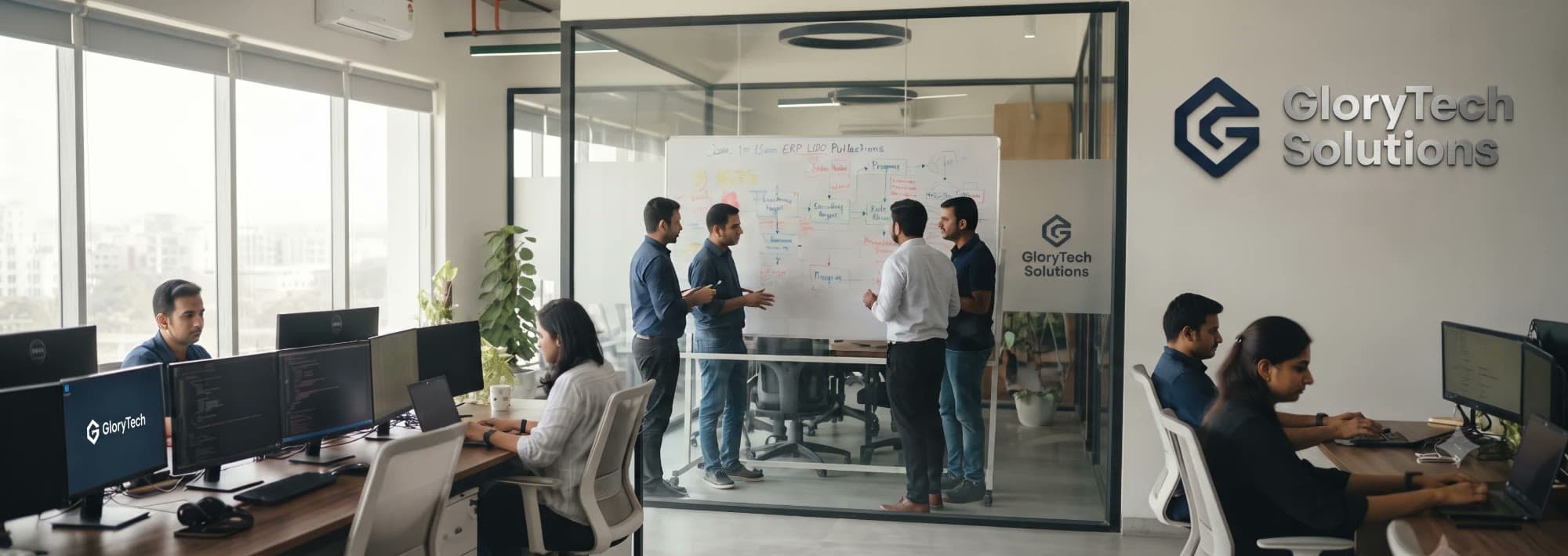 Software team planning ERP and CRM workflows on a whiteboard in the GloryTech office